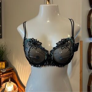 Elegant Black and Blue Lace Bra